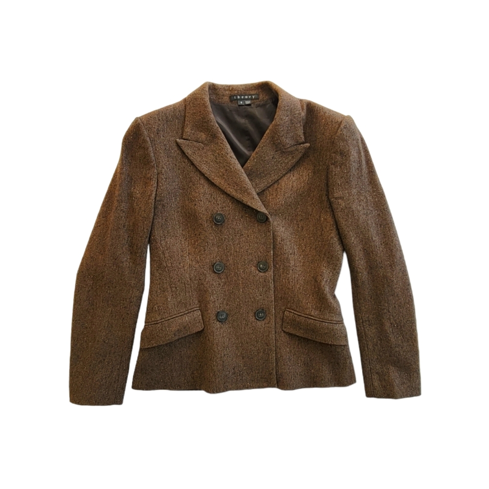 🌻 Theory Double-Breasted Tweed Virgin Wool Blazer Jacket Peacoat Size 8